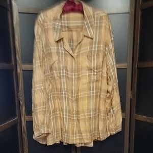 Lane Bryant Tan Plaid Button-Down Shirt With Gold Accent